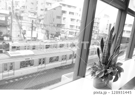 窓越しの電車（モノクロ） 128931445