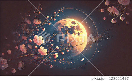 黄金に輝く満月と幻想的に咲き誇る桜が夜空に調和する夢のような春のファンタジー風景 黄金に輝く満月と幻想的に咲き誇る桜が夜空に調和する夢のような春のファンタジー風景 128931457