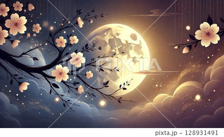満月の光に照らされた桜の枝と幻想的な雲が織りなす静寂な春の夜のデジタルアート 満月の光に照らされた桜の枝と幻想的な雲が織りなす静寂な春の夜のデジタルアート 128931491