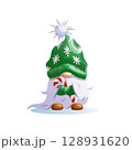 Cute Christmas Gnome with Candy Cane. Vector Illustration of a Christmas Elf. Cartoon Christmas Gnome with Green Hat. 128931620