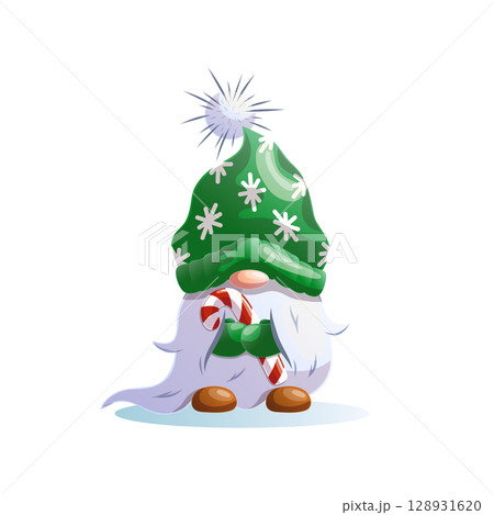 Cute Christmas Gnome with Candy Cane. Vector Illustration of a Christmas Elf. Cartoon Christmas Gnome with Green Hat. 128931620