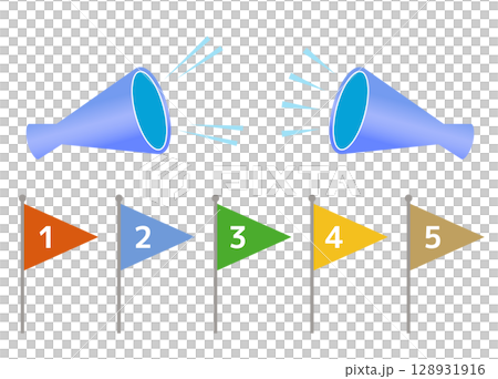 A set of a megaphone and a flag. This illustration is useful for flyers for sporting events and sales. A set of a megaphone and a flag. This illustration is useful for flyers for sporting events and sales. 128931916