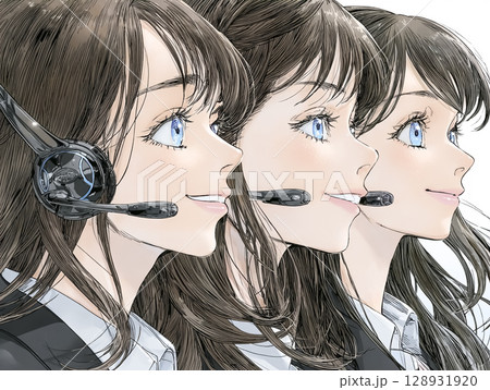 オフィスでヘッドセットをつけて仕事をする女性たちのイラスト素材(3人・カスタマーサポート・コールセン オフィスでヘッドセットをつけて仕事をする女性たちのイラスト素材(3人・カスタマーサポート・コールセン 128931920