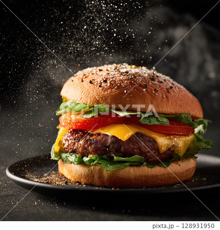 Delicious juicy hamburger with fresh lettuce, tomato, and cheese. It evokes feeling of satisfaction, and is perfect indulgence 128931950