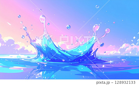 幻想的な空と水しぶきのイラスト背景 128932133