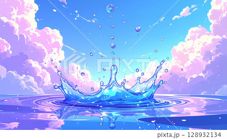 幻想的な空と水しぶきのイラスト背景 128932134