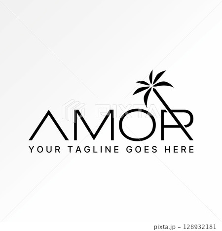 Logo design graphic concept creative premium vector stock image top sell text word Amor with palm cut tropical relax resort sunny day romance nature 128932181