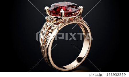 Vintage Style Garnet Ring with Intricate Engraving and Elegant Design 128932259