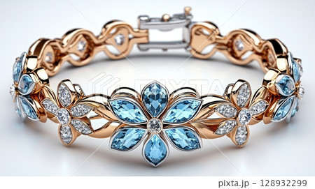 Elegant Aquamarine and Gold Bracelet with Floral Design and Sparkling Gems 128932299