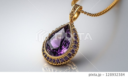 Elegant Amethyst Teardrop Pendant in Gold Setting on Delicate Chain 128932384