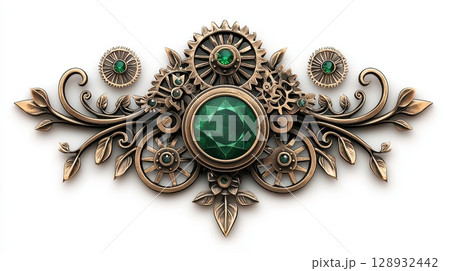 Intricate Emerald Brooch with Floral and Gear Motif in Rich Bronze Design Intricate Emerald Brooch with Floral and Gear Motif in Rich Bronze Design 128932442