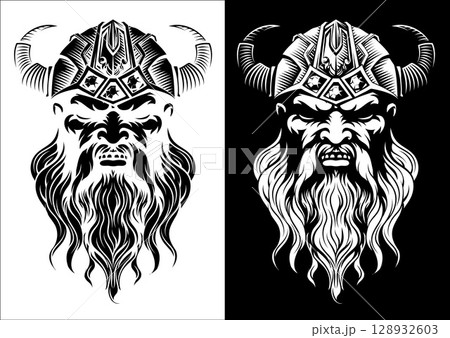 Viking Warrior Man Strong Mascot Face in Helmet 128932603