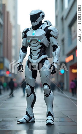 White Armor Robot Man With Blue Tech Trim 128932893