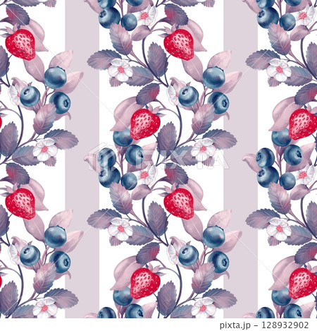 Hand-drawn Strawberry Blueberry Stripe Seamless Pattern Illustration 128932902