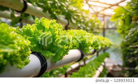 Indoor aquaculture with thriving lettuce 128933011