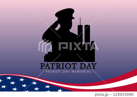 Wavy Flag and Saluting Soldier Silhouette for Patriot Day Memorial 128933090