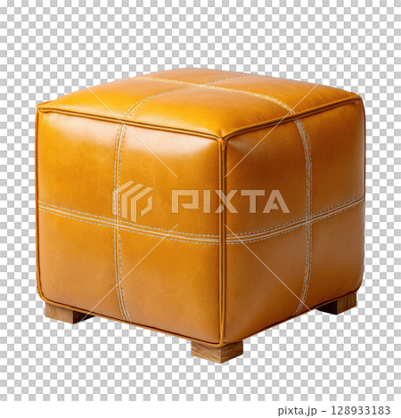 Stylish Leather Pouf in Warm Yellow Hue, Perfect for Modern Living Spaces and Cozy Interiors 128933183