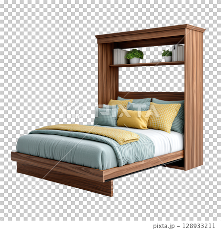 Modern Wooden Bed with Shelving and Soft Bedding for Cozy Bedroom Style 128933211