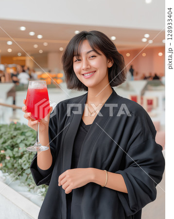 Woman enjoying a red cocktail at a stylish bar 128933404