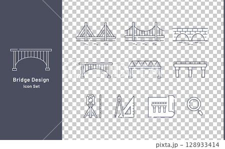 橋梁の種類と設計のベクターアイコンセット（線画・モノクロ） 128933414