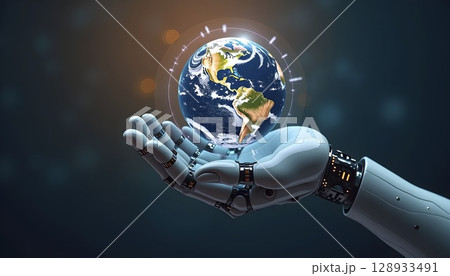 Robotic Hand Holding Glowing Earth Sphereのイラスト素材 [128933491] - PIXTA