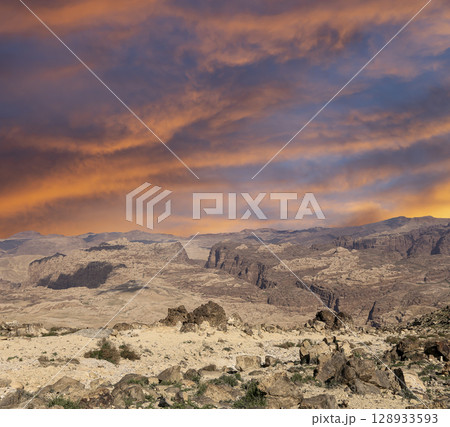 Typical mountain landscape, Jordan, Middle East  (photography from a high point). Against the background of a beautiful sky with clouds 128933593