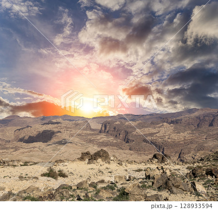 Typical mountain landscape, Jordan, Middle East  (photography from a high point). Against the background of a beautiful sky with clouds 128933594