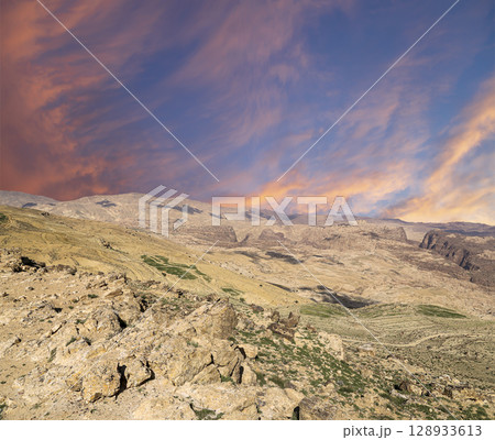 Typical mountain landscape, Jordan, Middle East  (photography from a high point). Against the background of a beautiful sky with clouds 128933613