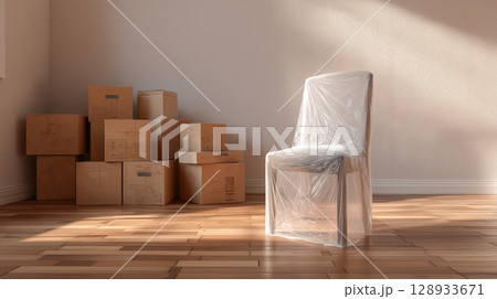 Cardboard boxes stacked in an empty living room 128933671