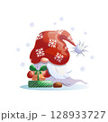 Christmas gnome in a red hat holding gifts. Cute festive Gnome illustration for greeting cards, posters, and winter decorations. 128933727