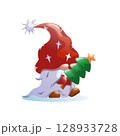 Christmas Gnome Holding a Christmas Tree – Nordic Gnome Illustration. Winter Gnome Character Holding Christmas Tree 128933728