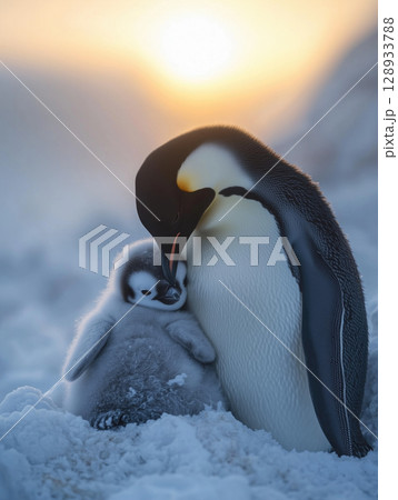 Emperor penguin cares for its chick  in the icy Antarctic landscape 128933788