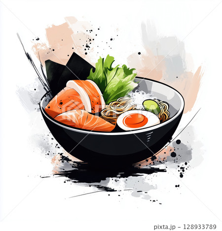 Delicious bowl of ramen with rich toppings 128933789