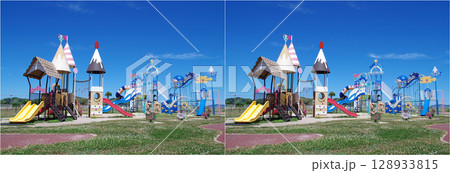 交差法の立体視で現地に居るかの様な遠近感を体験できる多数の遊具が設置された市営公園の遊び場の風景写真 128933815