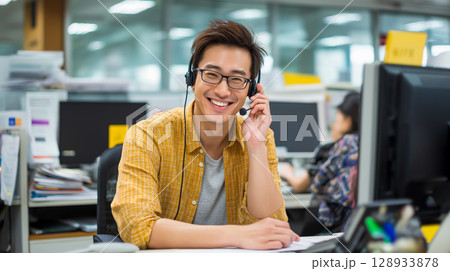 Happy Asian man working in a busy call center Happy Asian man working in a busy call center 128933878