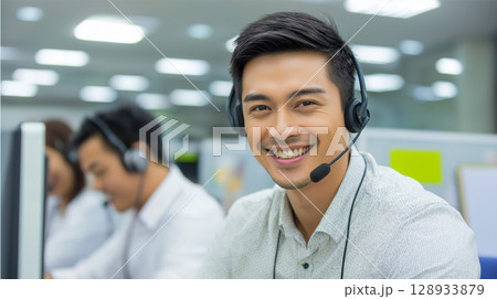Confident Asian man in call center Confident Asian man in call center 128933879