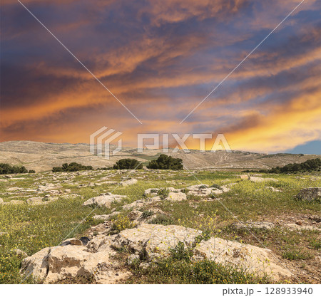Typical mountain landscape, Jordan, Middle East (photography from a high point). Against the background of a beautiful sky with clouds Typical mountain landscape, Jordan, Middle East (photography from a high point). Against the background of a beautiful sky with clouds 128933940
