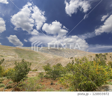 Typical mountain landscape, Jordan, Middle East (photography from a high point). Against the background of a beautiful sky with clouds Typical mountain landscape, Jordan, Middle East (photography from a high point). Against the background of a beautiful sky with clouds 128933972