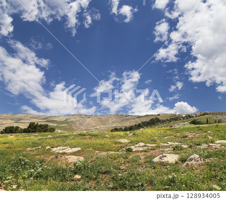 Typical mountain landscape, Jordan, Middle East (photography from a high point). Against the background of a beautiful sky with clouds Typical mountain landscape, Jordan, Middle East (photography from a high point). Against the background of a beautiful sky with clouds 128934005