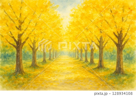 紅葉のイチョウ並木 128934108