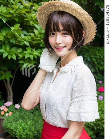 庭にいる若い女性 128934278