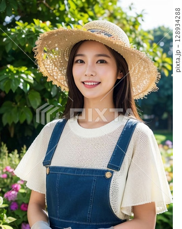 麦わら帽子をかぶった女性 128934288