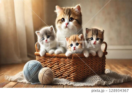 編みかごと猫 子猫 編みかごと猫 子猫 128934367