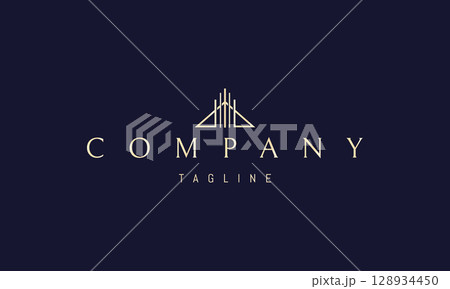A vector golden logo featuring an abstract image a pyramid with vertical lines creating a sense of structure and depth. 128934450