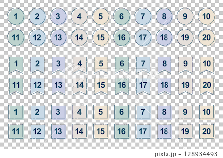 土色數位標籤套裝（圓形、緞帶、方形）1至20 128934493