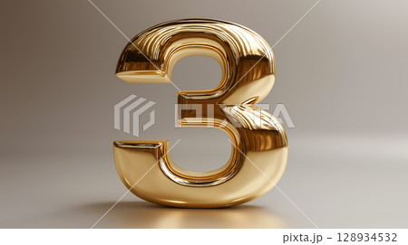 Golden metallic number 3 in 3D design 128934532