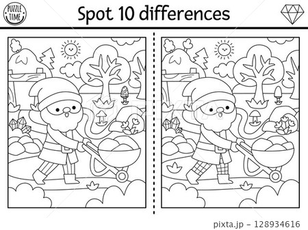 Find differences game for children. Dwarf activity with gnome miner, wheelbarrow. Magic forest black and white puzzle for kids. Fairytale printable worksheet, coloring page with woodland scene Find differences game for children. Dwarf activity with gnome miner, wheelbarrow. Magic forest black and white puzzle for kids. Fairytale printable worksheet, coloring page with woodland scene 128934616