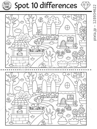 Find differences game for children. Dwarf black and white activity with cute garden gnomes. Magic forest puzzle for kids. Fairytale printable worksheet, coloring page with woodland scene Find differences game for children. Dwarf black and white activity with cute garden gnomes. Magic forest puzzle for kids. Fairytale printable worksheet, coloring page with woodland scene 128934622