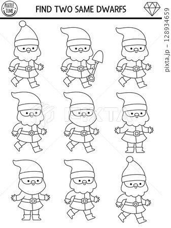 Find two same dwarfs. Fairytale black and white matching activity for children. Magic garden or forest quiz worksheet for kids for attention skills. Printable game or coloring page with cute gnome 128934659