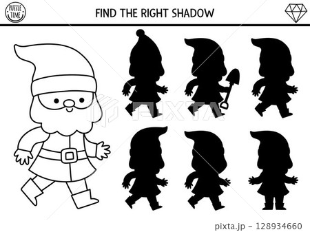 Shadow matching activity with dwarf. Fairytale black and white puzzle with gnome. Find correct silhouette printable worksheet, game. Magic forest coloring page for kids Shadow matching activity with dwarf. Fairytale black and white puzzle with gnome. Find correct silhouette printable worksheet, game. Magic forest coloring page for kids 128934660